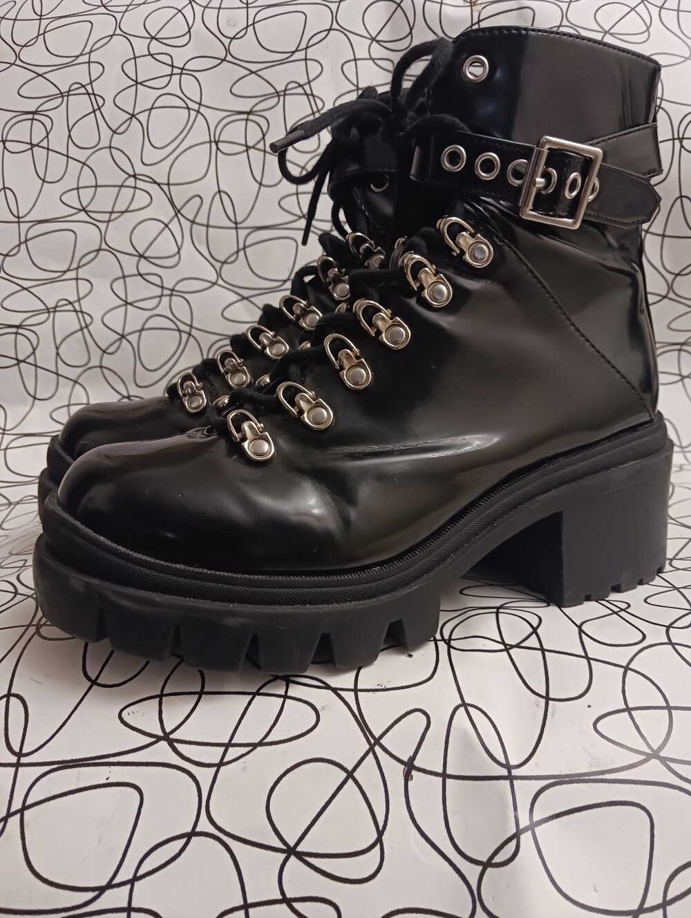 Jeffrey Campbell Black Patent Lug-Heel Ankle Boots with Buckle Size 8